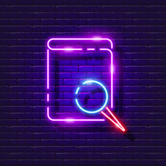 Poster - Search information neon sign. Book and magnifier glowing icon. Vector illustration for design. Search concept.