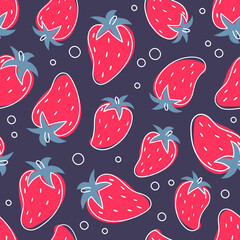 Seamless pattern with red strawberries, juicy fruit, blue leaf  on dark background. Vector illustration. Print for packaging, fabrics, wallpapers, textiles.