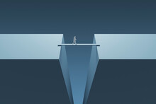 Three Dimensional Render Of Wireframe Man Crossing Bridge Between Two Cliffs