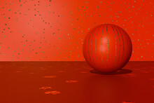 Three Dimensional Render Of Red Striped Sphere Lying Against Red Spotted Background