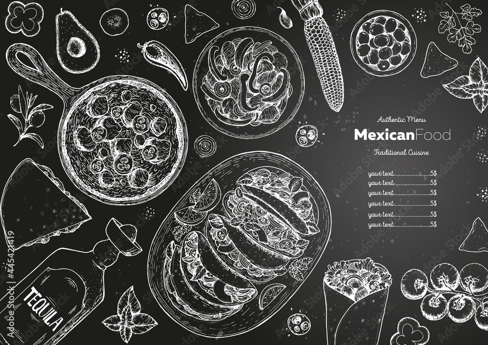 Mexican food top view frame. A set of classic mexican dishes with tacos, burrito, quesadillas, fajitas. Food menu design template. Vintage hand drawn sketch vector illustration. Mexican cuisine. - obrazy, fototapety, plakaty 