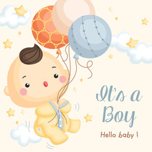 A Cute Vector Of Baby Boy Arrival Card With Balloons