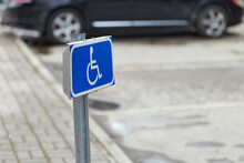 Blue Parking Sign For Invalid. Place For Disabled Cars.