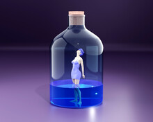 Three Dimensional Render Of Woman Trapped In Large Bottle
