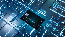 Three Dimensional Render Of Credit Card Floating Against Electronic Background