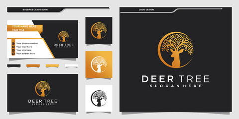 Wall Mural - Creative deer tree logo design with combination of leaves and deer animals and business card design Premium vekto