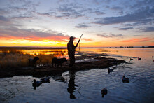 A Waterfowl Hunter Silhouetted At Sunrise 
