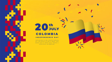 Wall Mural - Banner illustration of Colombia independence day celebration. Waving flag and hands clenched. Vector illustration.