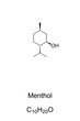 Menthol, chemical formula and skeletal structure. l-Menthol, organic compound naturally found in mint plants, also known as Mentha, widely used to relieve minor throat irritation. Illustration. Vector