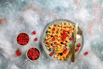 Wall Mural - Homemade waffles with raspberries and red currants.