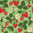 Seamless pattern with strawberry berries, leaves and flowers on bright green background