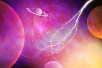 Wall Mural - travelling throuh the space - Purple Planet, Saturn and Universe. Esoteric concept. Science and futuristic background