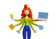 Multitasking and time management concept. Busy cartoon businesswoman with six arms doing different type of work. Trendy 3d illustration.