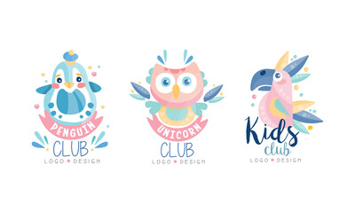 Poster - Penguin, Unicorn Creative Logo Design Set, Kids Club Brand Identity Badges Cartoon Vector Illustration