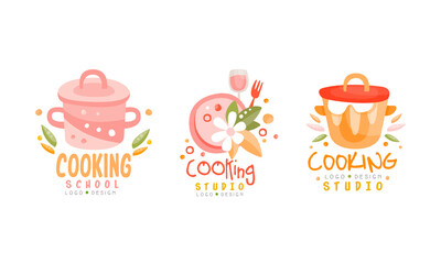 Sticker - Cooking Studio Logo Design Set, Culinary School Labels Hand Drawn Vector Illustration