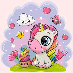 Sticker - Cartoon Unicorn with cupcake on the meadow