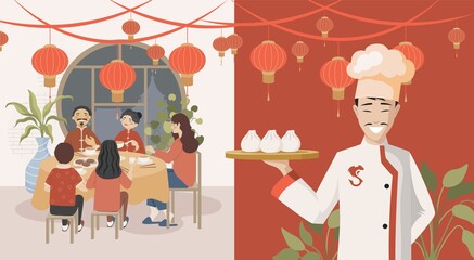 Group of happy people eating in Chinese restaurant vector flat illustration. Smiling chef holding plate with steamed buns or dim sums. Traditional delicious Chinese cuisine concept.