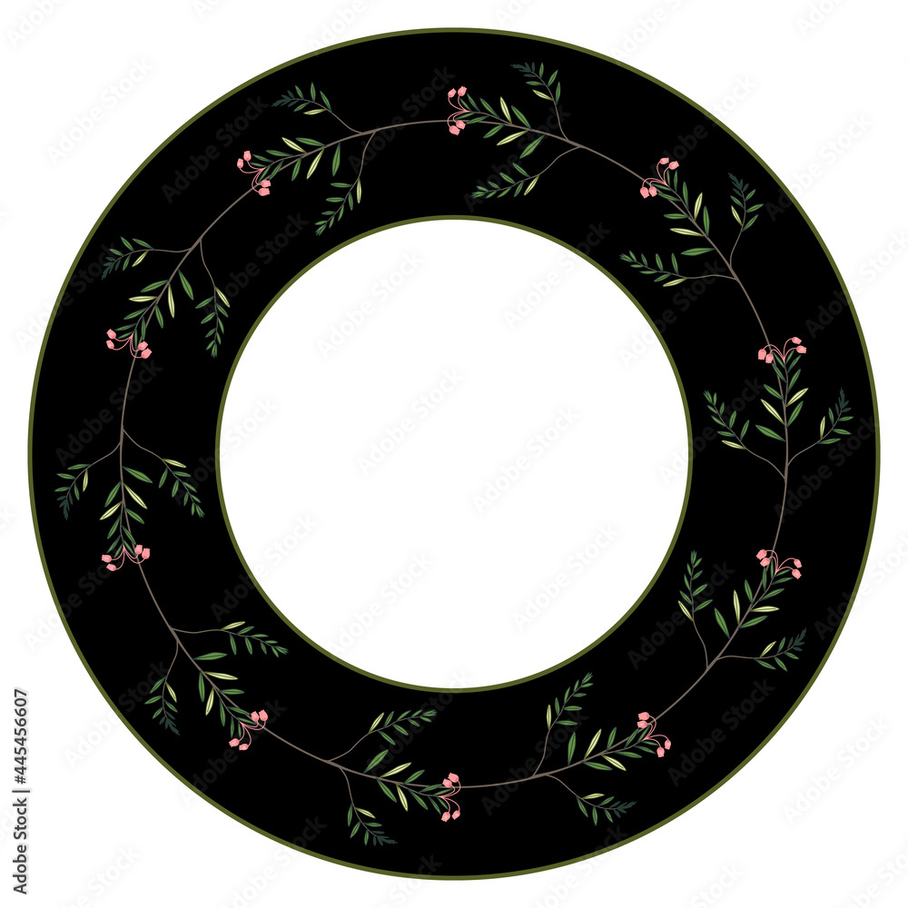 Round floral frame with wildflowers. Wreath of blooming branches of bog ...