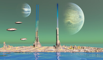 Wall Mural - Water Planet - A planet with two moons builds their cities on top of the water since it covers most of the land.