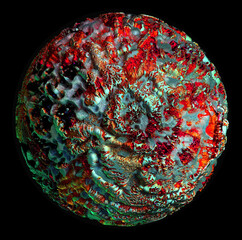 Wall Mural - 3d render of abstract art 3d ball sphere or surreal organic planet with rough grunge damaged ground surface in rusty aged scratched iron metal material in green and red color on isolated black back 