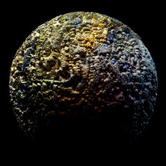 Wall Mural - 3d render of abstract art of surreal ball sphere or iron planet with rough surface in organic curve wavy lines in bronze metal material in yellow green and orange gradient color on black background