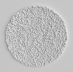 3d render of black and white monochrome abstract art round circle ball or sphere based on small and big white balls particles on grey background