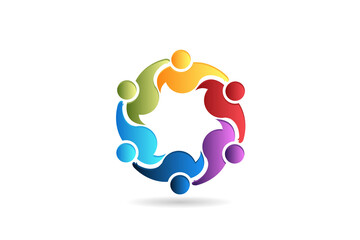 Sticker - Logo teamwork unity people embracing in a circle shape voluntary , charity , non profit , collaboration concepts vector image graphic illustration design template