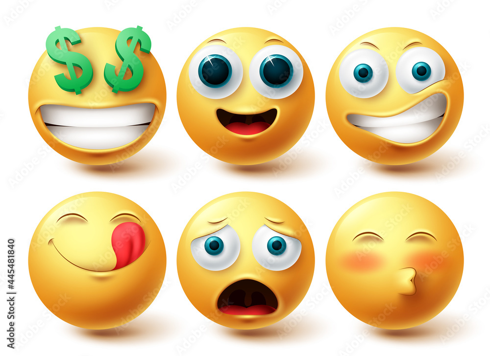 Emoji smiley vector set. Smileys emoticon happy collection facial expressions isolated in white background for graphic design elements. Vector illustration
 - obrazy, fototapety, plakaty 