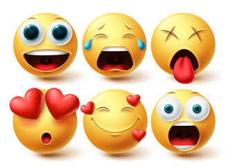 Wall Mural - Emoji smileys in love face vector set. Smileys emoticon happy, in love and amaze facial expressions isolated in white background for graphic design elements. Vector illustration
