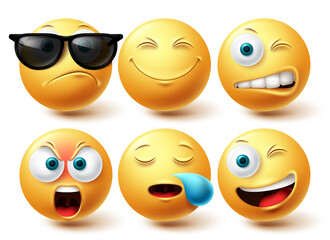 Smiley cool emoji vector set. Smileys emoticon yellow icon collection isolated in white background for graphic elements design. Vector illustration
