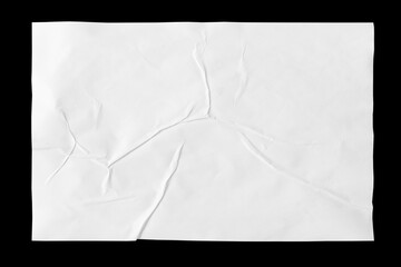 White paper wrinkled poster template , blank glued creased paper sheet mock-up.white poster mock up on black background.