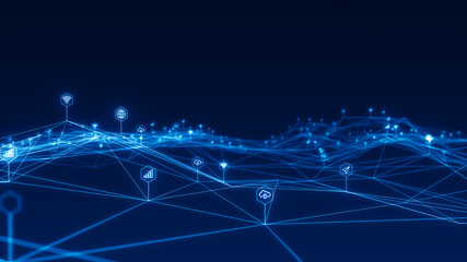 Wall Mural - blue futuristic technology icon and line linked network connection abstract background concept