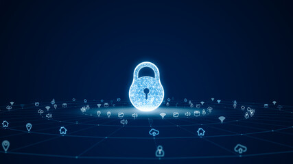 Blue digital 3D key logo with futuristic technology icon and line connection with circle on abstract background concept