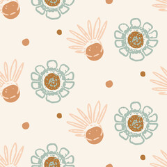 Wall Mural - Seamless background gender neutral flower pattern. Whimsical minimal earthy 2 tone color. kids nursery wallpaper or boho cartoon space fashion all over print.