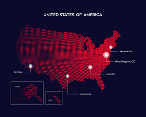 Wall Mural - North America map with capital and major cities. Dots composition map on dark background. 