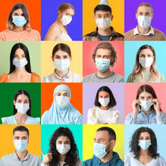 Wall Mural - Group of people in medical masks on color background