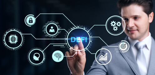 defi -decentralized finance on dark blue abstract polygonal background. concept of blockchain, decen