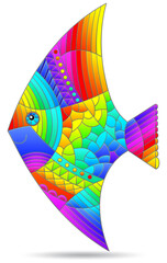 An illustration in the style of a stained glass window with a bright abstract fish, an animal isolated on a white background