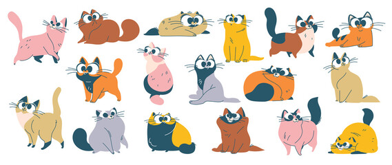 Cute and funny cats doodle vector set. Cartoon cat or kitten characters design collection with flat color in different poses. Set of purebred pet animals isolated on white background.