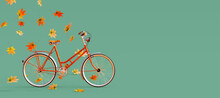 Orange Bicycle Arriving With Falling Dry Leaves On Green Background. Autumn Is Coming Concept Image 3D Rendering, 3D Illustration