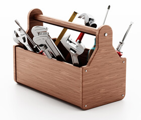 Wooden toolbox with various hand tools isolated on white background. 3D illustration