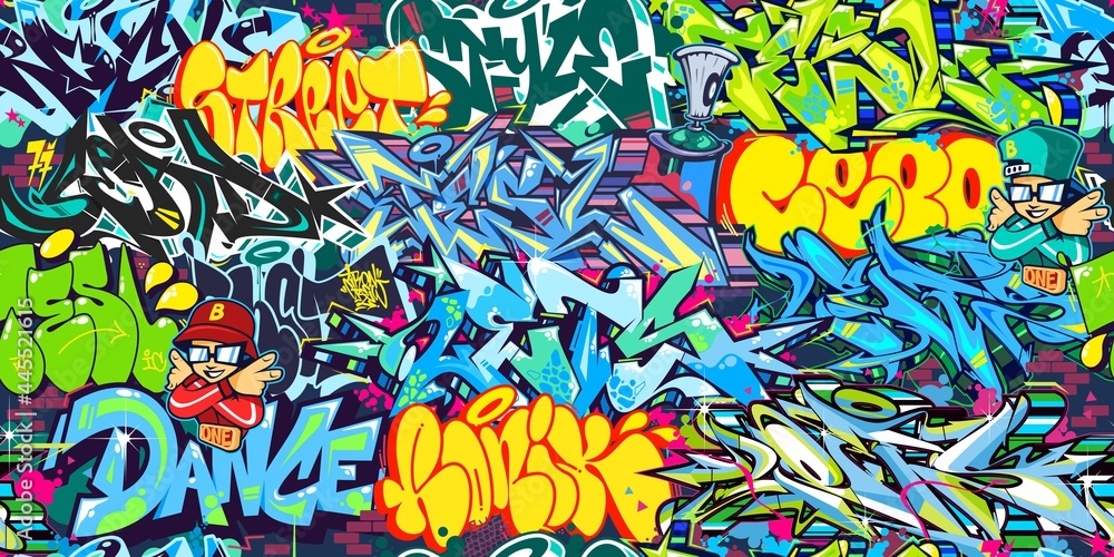 Colorful Abstract Urban Graffiti Street Art Seamless Pattern. Vector Illustration Background - obrazy, fototapety, plakaty 