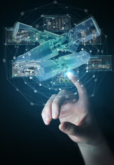 Poster - Man hand holding and touching green renewable energy battery 3D rendering