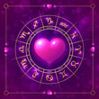 Love horoscope layout with zodiac signs in wheel. Astrology prediction banner, poster, card, background with glowing astrological symbols and pink heart inside vector illustration