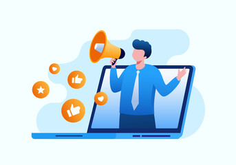 Man with speaker for marketing strategy. Social media marketing landing page website illustration vector flat design 