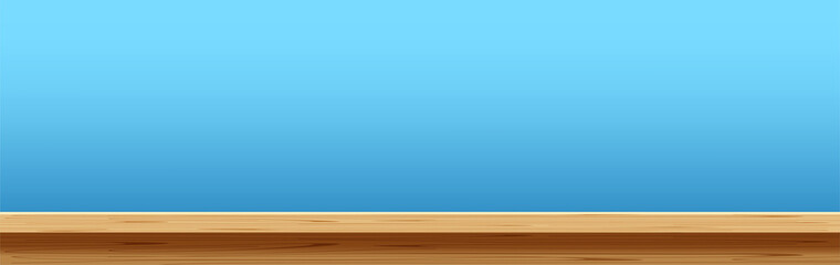 Wall Mural - empty wood plank, plank table in front view, wooden desk, wood plank top on light blue for background, copy space