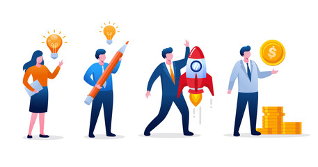People are building startup concept. Teamwork and development business. Flat vector illustration
