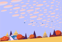 うろこ雲が広がる秋空の丘と住宅の背景イラスト
