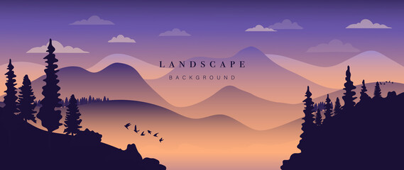 Wall Mural - Mountain background vector. Landscape with mountains and sun, Mountainous terrain, Sun set wallpaper design for wall arts, cover, fabric. Vector illustration.