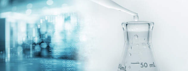 Wall Mural - glass flask with water drop in chemistry science research lab white banner background.